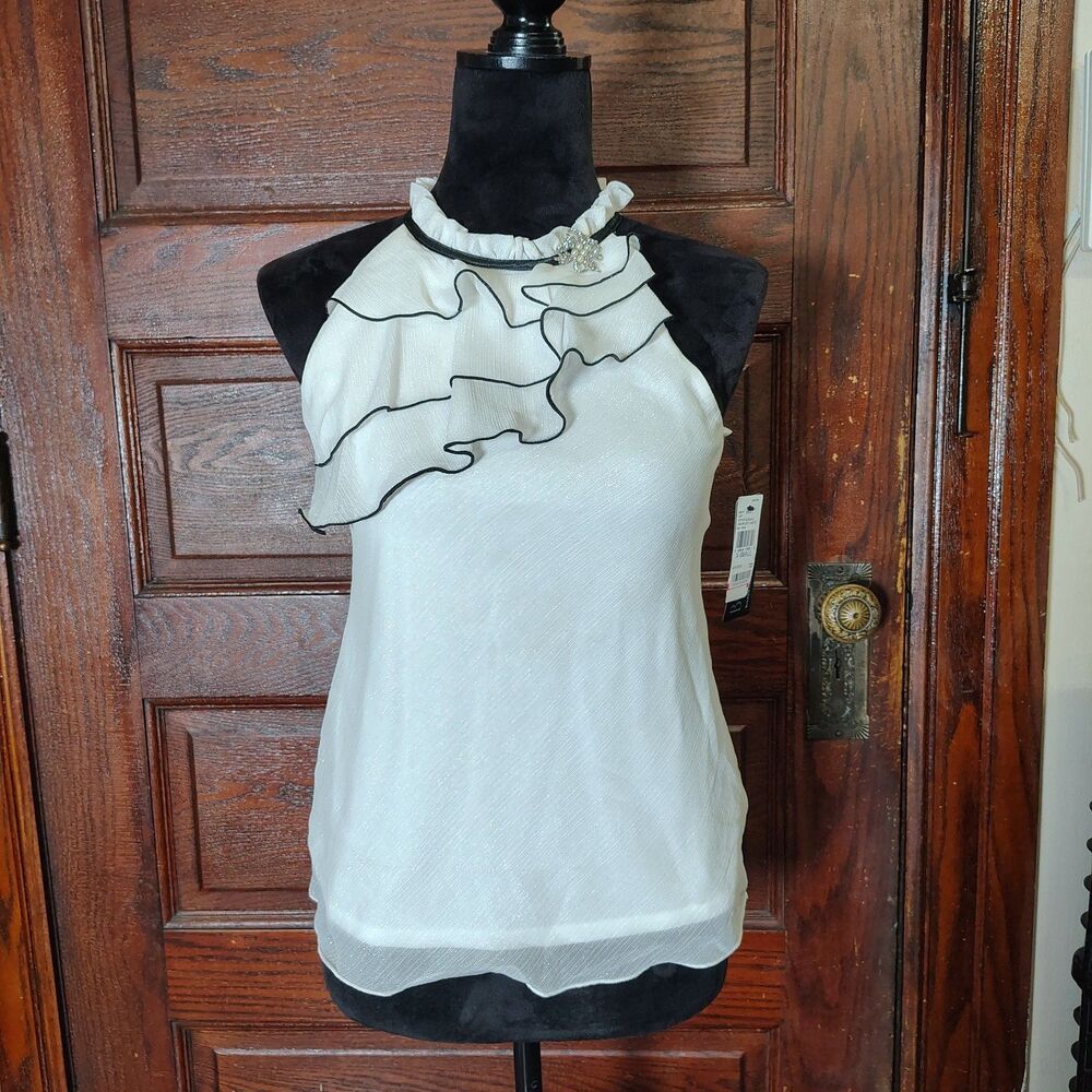 BCX Nwts Halter Top White Blk Asymmetrical Ruffles With A Bling Brooch/T716